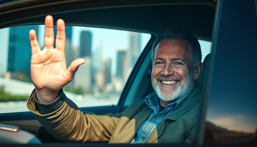 Middle-aged man waving from inside a car, city reflection.
