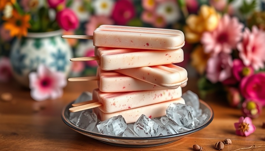 Honey rhubarb yogurt ice pops stacked on ice with floral background.