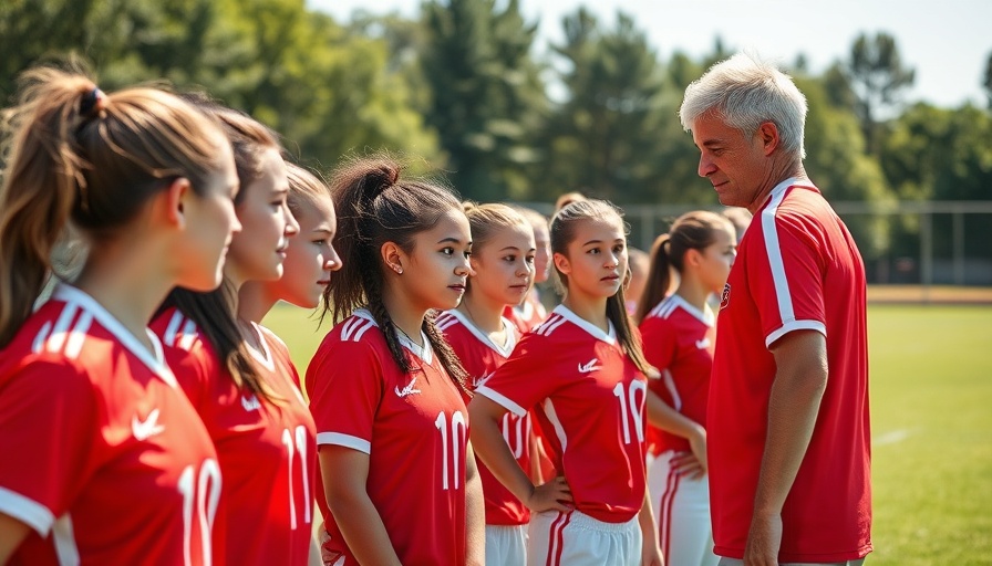Girls in red jerseys during a flag football league huddle in Austin.