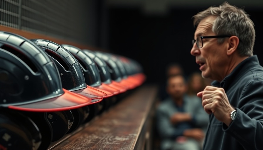 Close-up view of baseball helmets and a man speaking passionately, related to transgender athletes in sports.