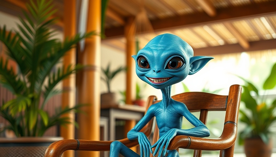 Blue alien sitting on chair in tropical setting, live action Lilo & Stitch movie