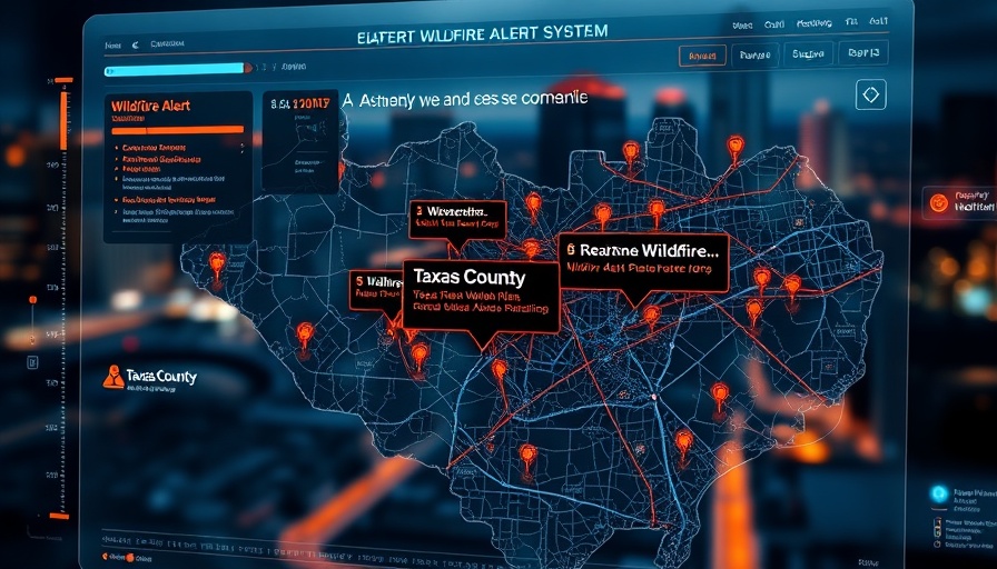 Travis County Wildfire Alert System interface with cityscape.