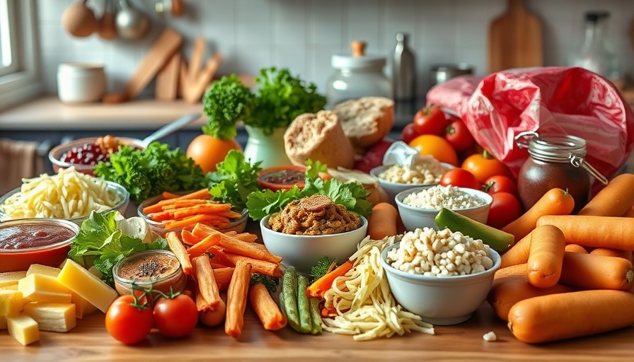 Assorted ultra-processed foods on a table in a cluttered kitchen.