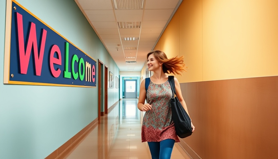 Colorful school welcome sign with blurred woman walking