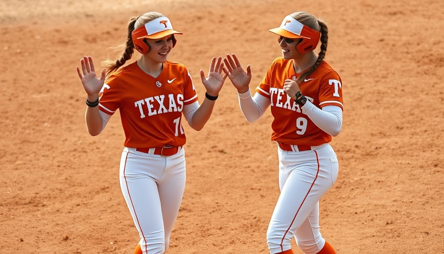 Texas Longhorns softball players share excitement on the field.