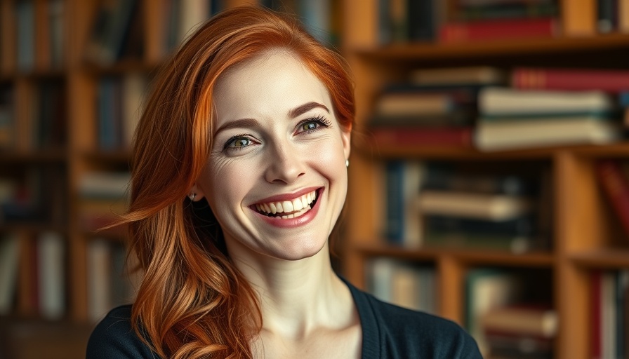 Confident woman reflecting, Pulitzer Prize Winner Reflections backdrop, warm smile.