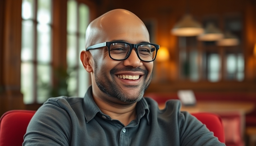 Smiling man discussing happiness and behavioral science indoors.