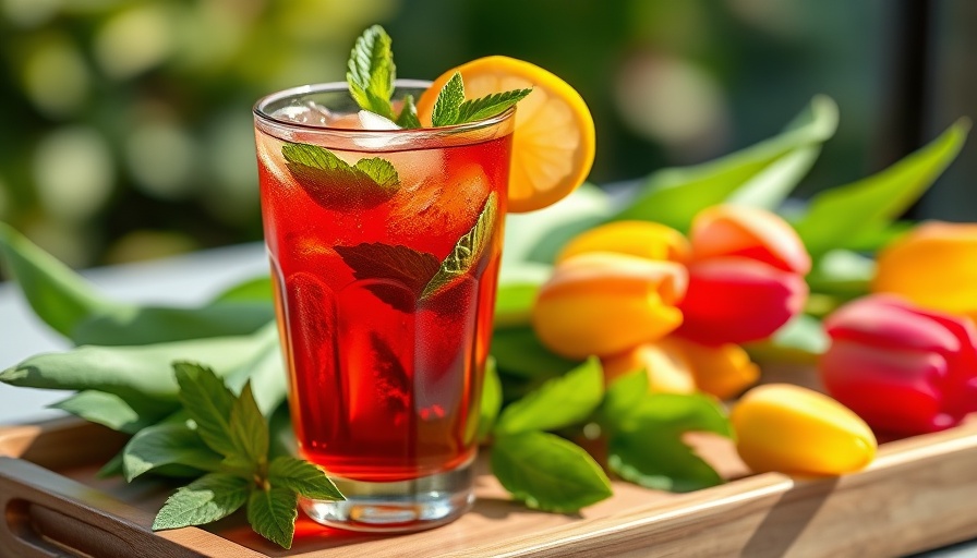 Refreshing iced tea with mint and citrus, promoting health and wellness.