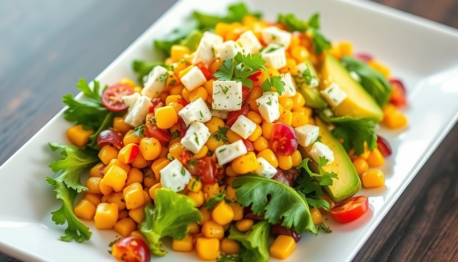 Vibrant roasted corn avocado feta salad on a white plate