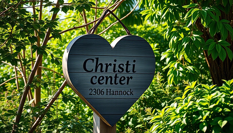 Heart-shaped sign for Austin grief support center amidst greenery.