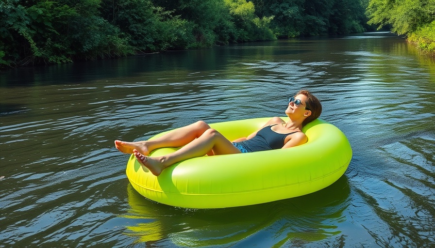 Relaxing on San Marcos River in a tube, surrounded by greenery.
