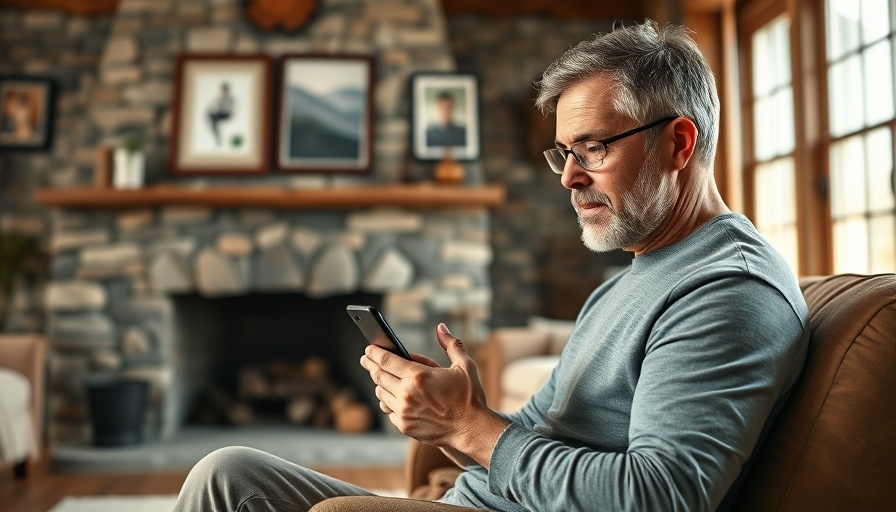 Middle-aged man using digital health app for workout at home.
