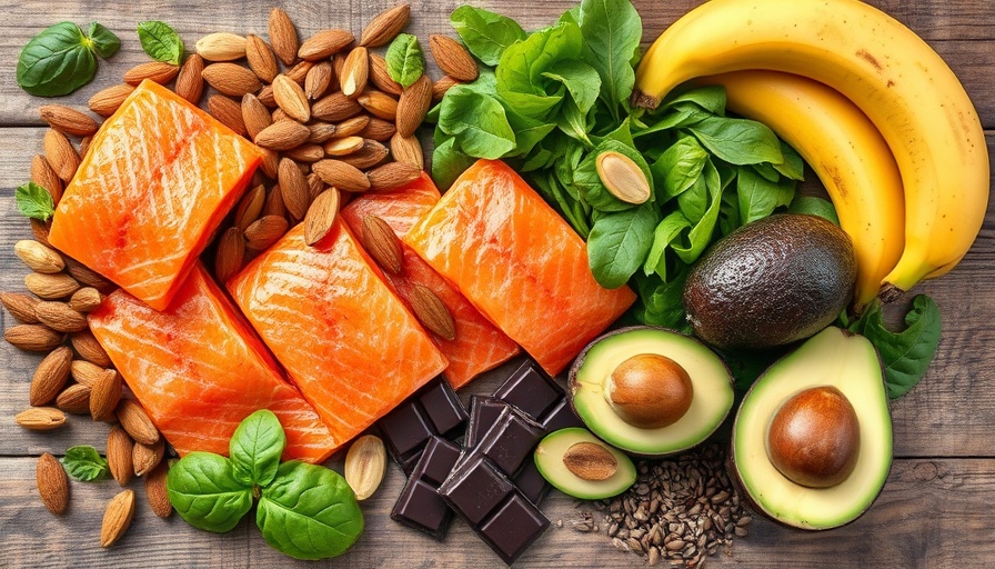 Colorful display of foods rich in magnesium on wooden board.