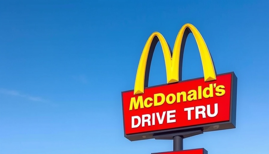 McDonald's drive-thru sign with golden arches under blue sky