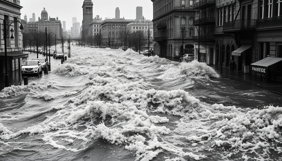 Austin Flood Remembrance Day: Historic flood cityscape with submerged streets.