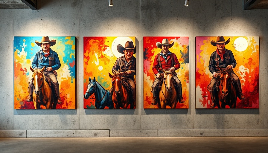 Colorful cowboy-themed paintings in an art gallery