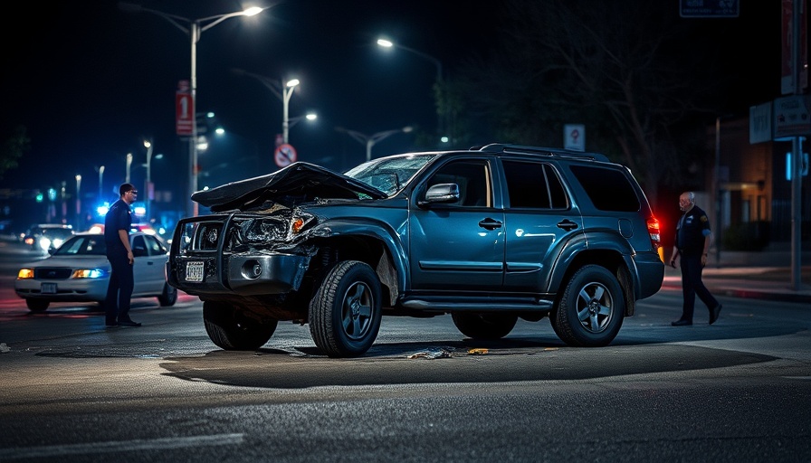 Houston police chase accident scene with damaged SUV at night.