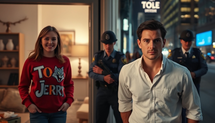 Juxtaposed images of a cheerful woman and a man in custody, contrasting settings.