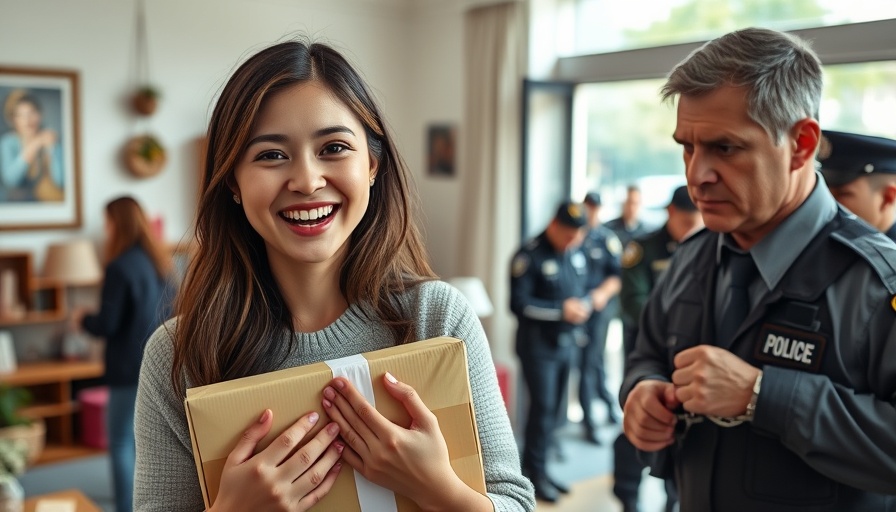 Contrasting images of a cheerful woman and a man in handcuffs with police.