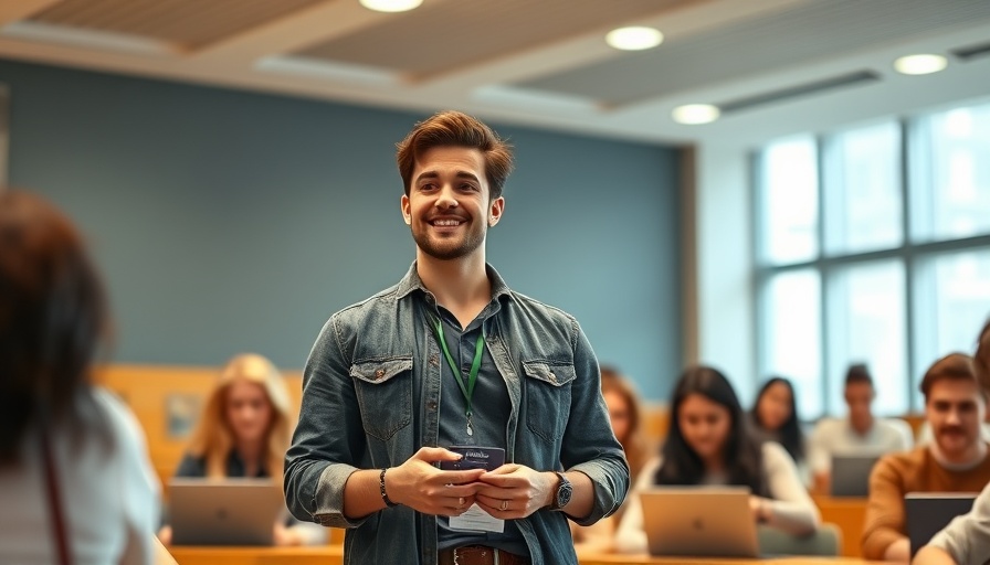 Economics major challenges; young lecturer energizing students in a modern lecture hall.