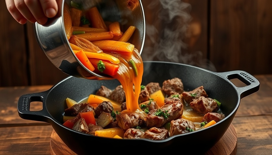 Steaming vegetables and beef in skillet for Houston dining.