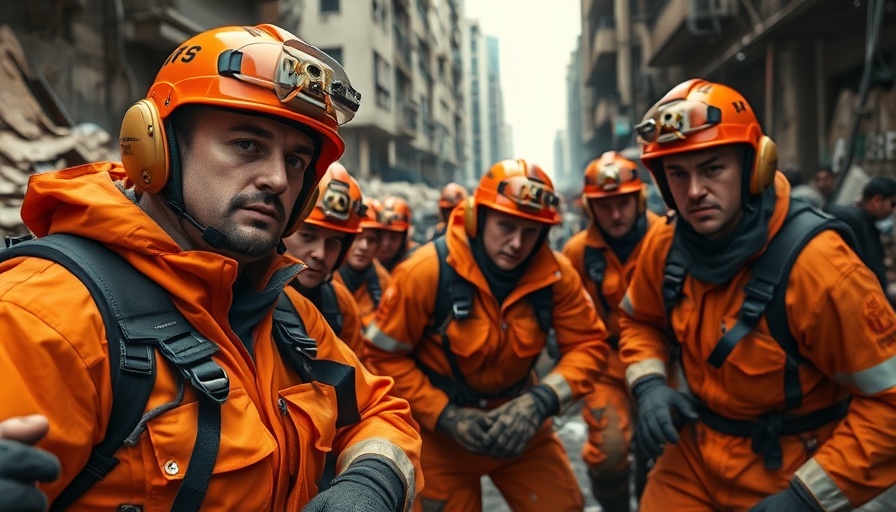 Rescue workers in orange assisting at Gaza airstrikes site