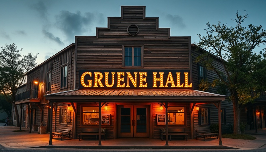 Iconic Gruene Hall exterior at dusk in Austin, Texas.