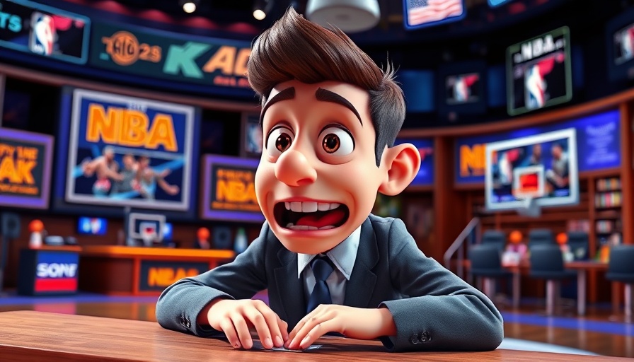 Animated commentator reacting to NBA playoffs game in vibrant studio.
