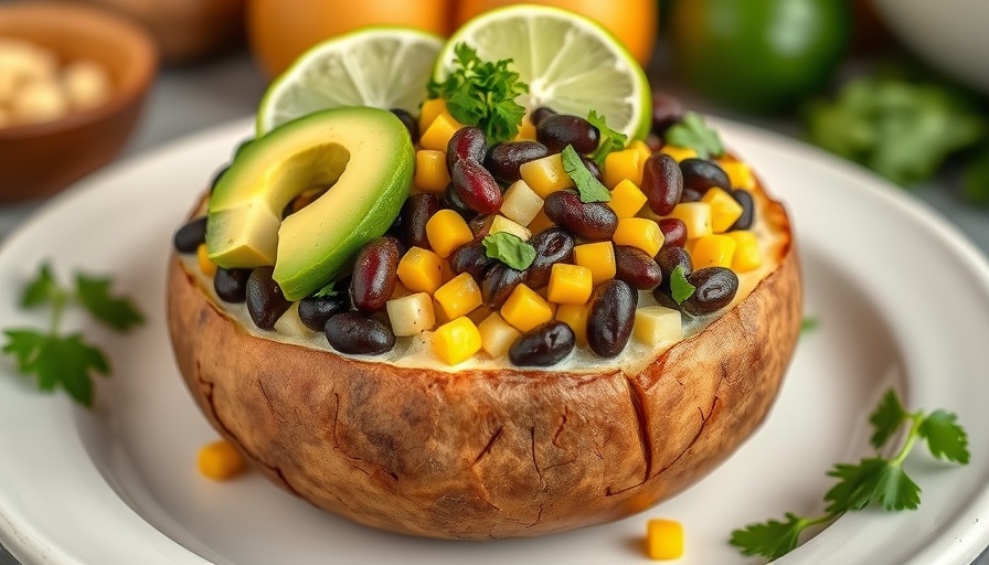 Healthy loaded baked potato bowl with avocados and black beans.