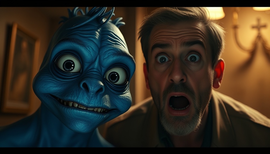 Animated creature and surprised man highlight movie attendance contrast.