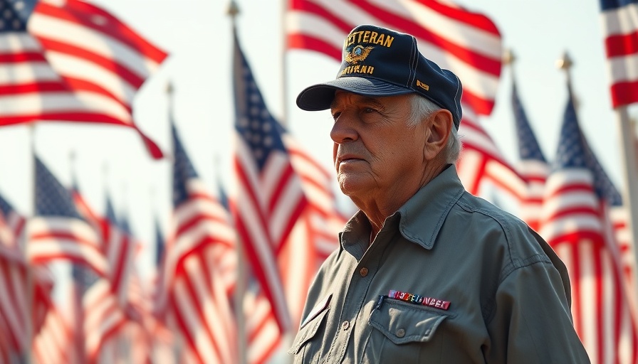 Veteran amidst American flags representing best states for military retirees.