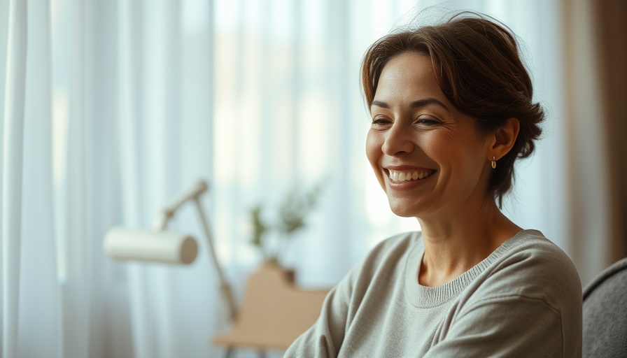 Smiling woman enjoying a peaceful moment indoors.