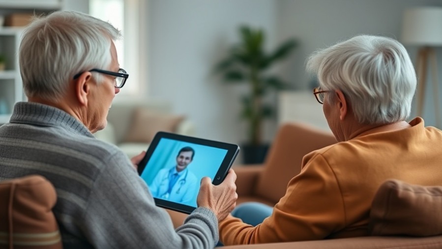 Older couple using mental health services via telehealth on a tablet in their cozy living room.