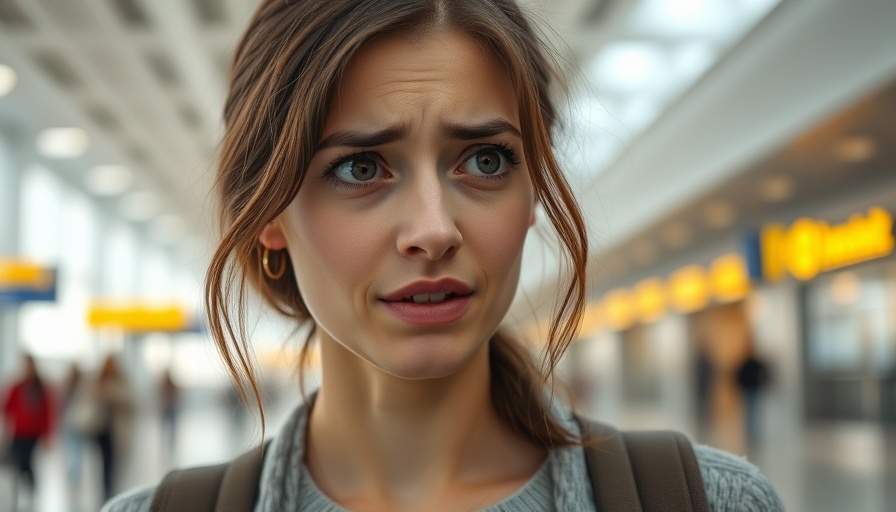 Young woman distressed at airport terminal, emotional moment