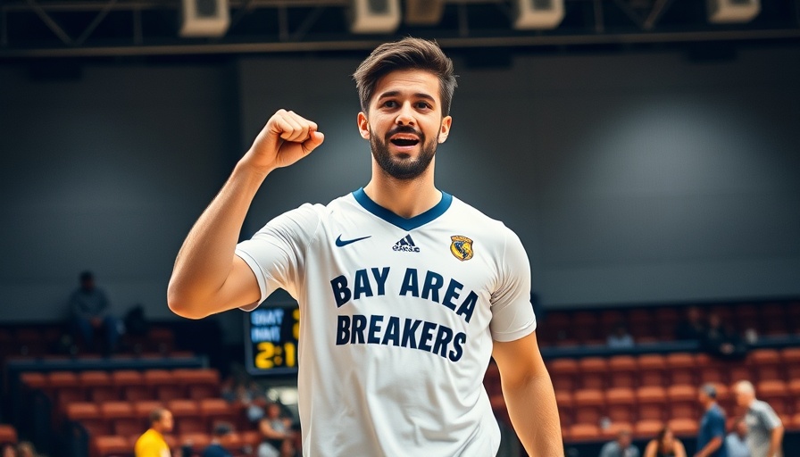Bay Area Breakers player in victory during DreamBreaker match with scoreboard.