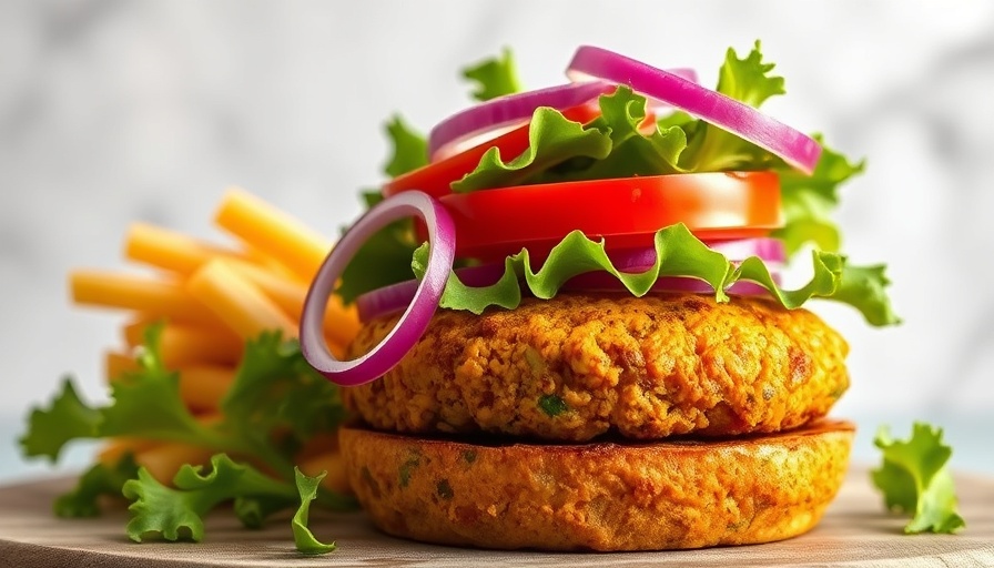 Curried sweet potato burger with lettuce and tomato, close-up view.