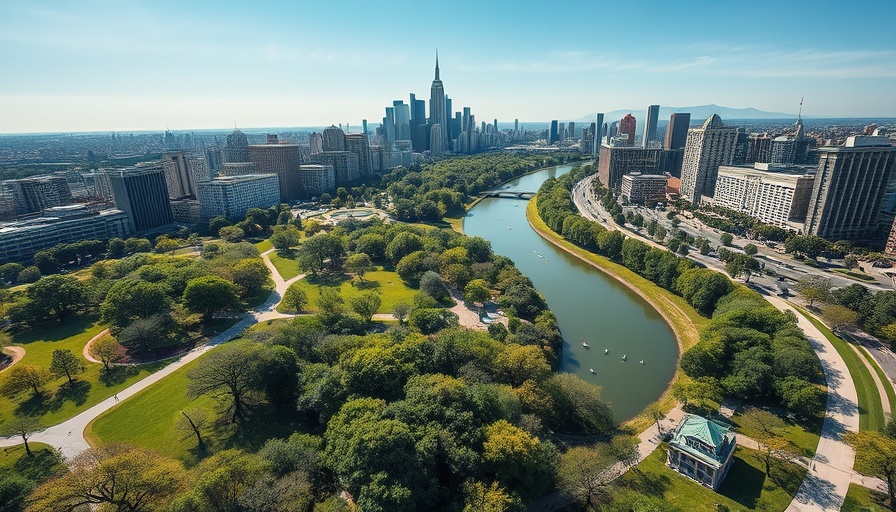 Aerial view of a scenic city park in Texas with skyline and river.