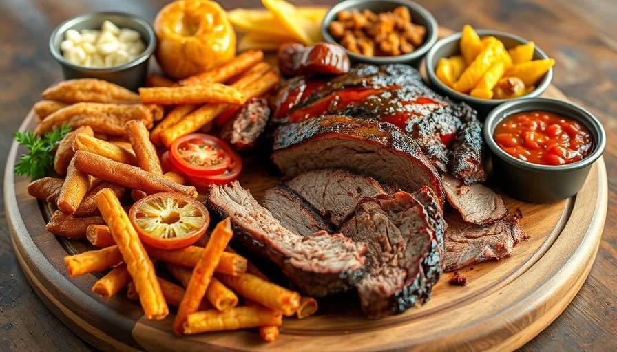 Austin BBQ spread with brisket and sides on a rustic table.