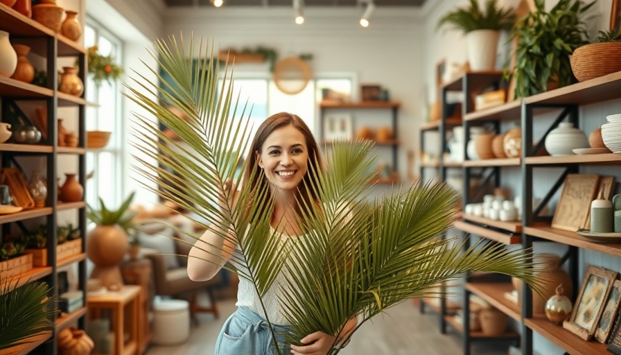 Austin lifestyle store with decor and smiling shopper.