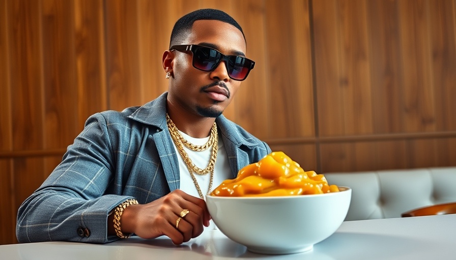 Person in leather jacket and sunglasses with applesauce bowl.