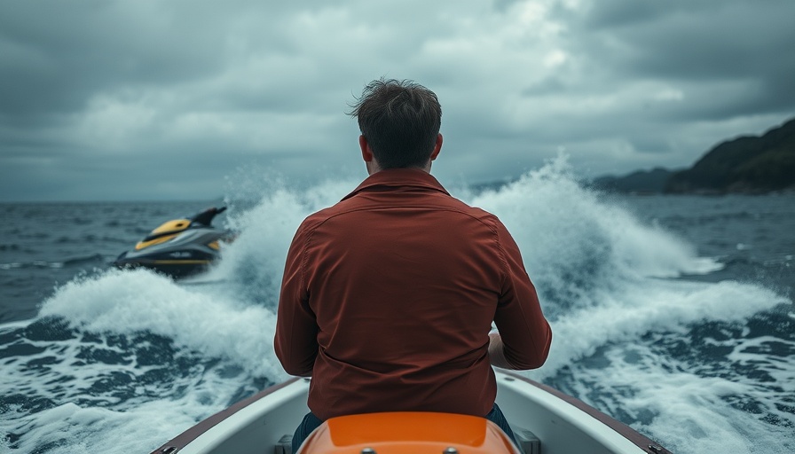 Dramatic scene of jet ski fleeing near small boat in tense ocean setting.