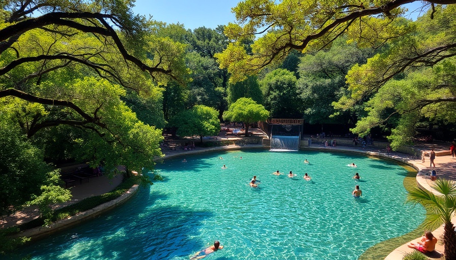 Lively scene at Barton Springs Pool with swimmers and lush greenery on a sunny day.