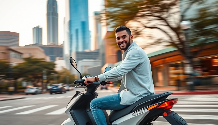 Electric seated scooter riding through Austin with city skyline.