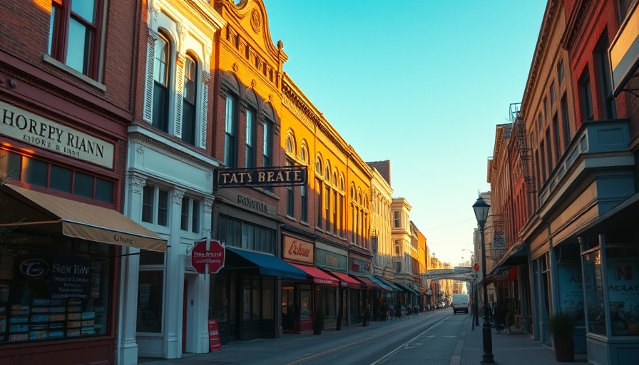Quaint downtown Fredericksburg Texas, charming storefronts under blue sky.