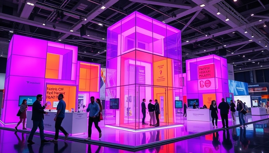 Modern health tech exhibit with vibrant design and lively atmosphere.