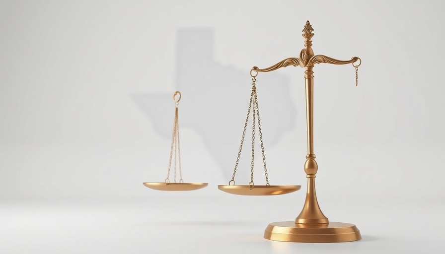 Symbolic justice scales with Texas map, highlighting legislative decision on migrant bail rejection.