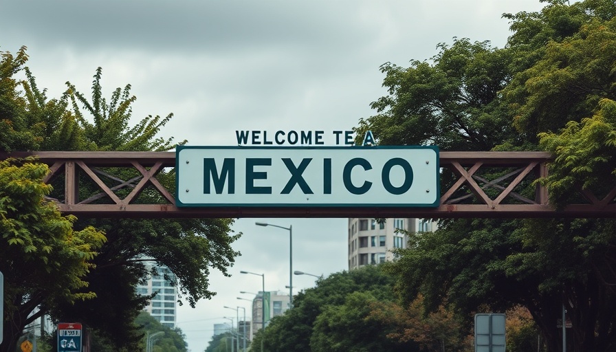 Welcome sign at Mexico border crossing amid greenery.
