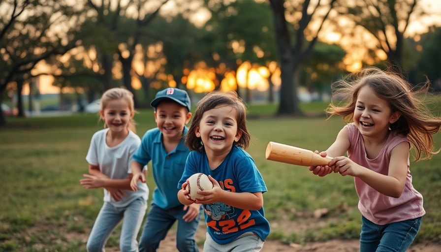 Children playing baseball in park at dusk