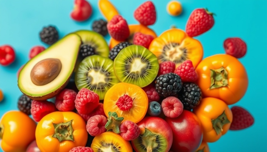 High-fiber fruits assortment on blue background.