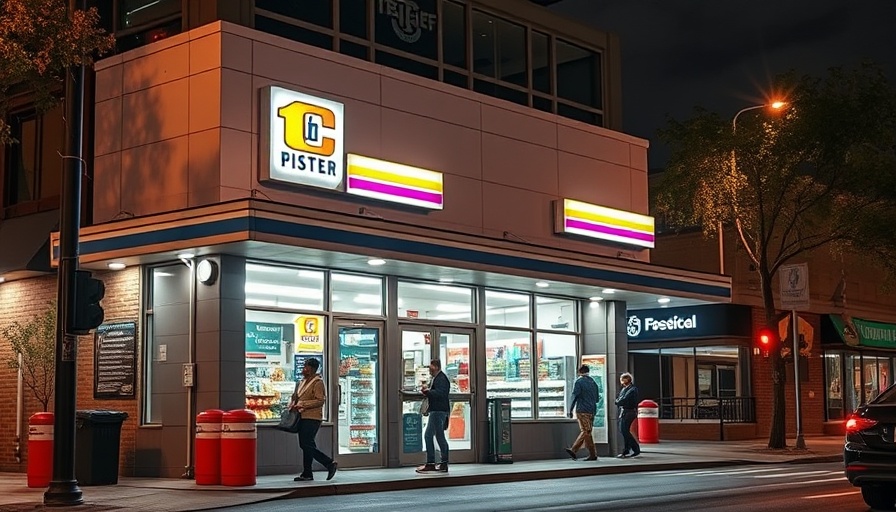 Smart Stop convenience store Austin at night with customers.
